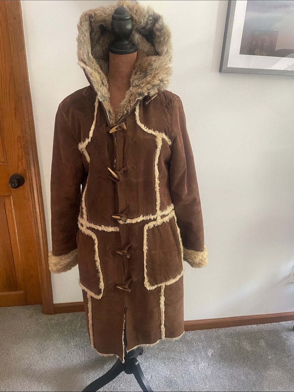 Womens Brown Faux-Shearling Hooded Toggle Coat